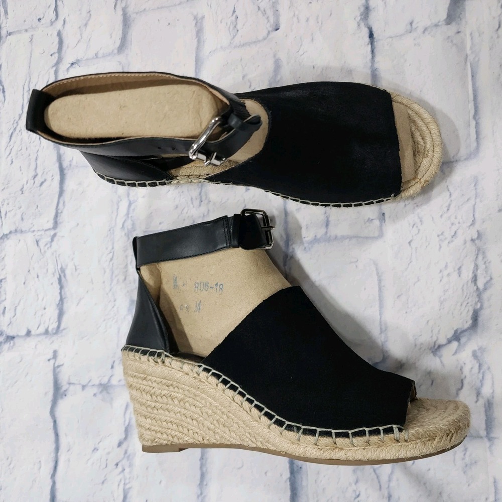 GAP WOMENS SIZE 8.5 Black Suede Espadrille Wedges Shoes Open Toe